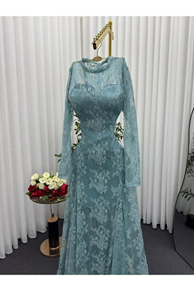 MANGONA Long turquoise lace evening dress adorned with beads - a charming and...