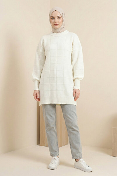 Kirazgym Women's Square Patterned Slit Soft Knitwear Tunic Sweater - Cream