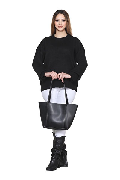 Kırlangıç Moda Black Crew Neck Oversize Women's Knitwear Sweater