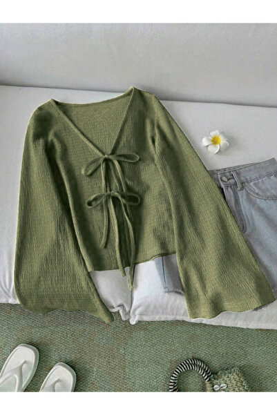 MOONBULL Kadın Önü 2 Yerden Bağlama Detaylı İspanyol Kol Bürümcük Bluz