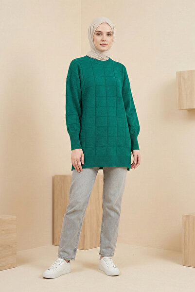 Kirazgym Women's Square Patterned Slit Soft Knitwear Tunic Sweater - Emerald