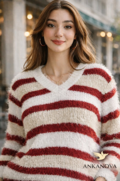 ANKANOVA Women's V-Neck Bearded Striped Comfortable Soft Standard Size 36-40 ...