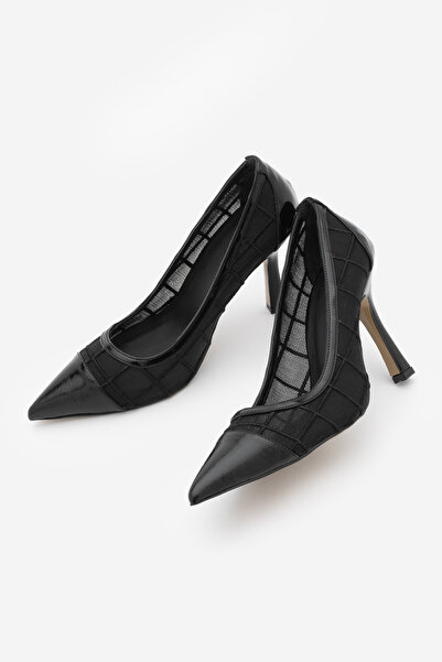 Marjin Women's Stiletto Pointed Toe Thin Heel Mesh Heeled Shoes Zirva Black