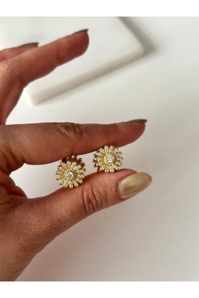AlminaMia Flower Earrings Brass Glass Stone Detail Gold Color Circle 14 mm (Single 3 Gr) Gift