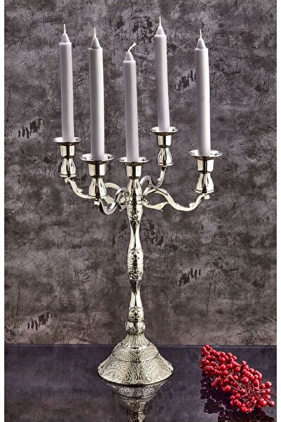 cezpot 5 Li Gümüş Döküm Zamak Paslanmaz Şamdan Mumluk Büyük Boy