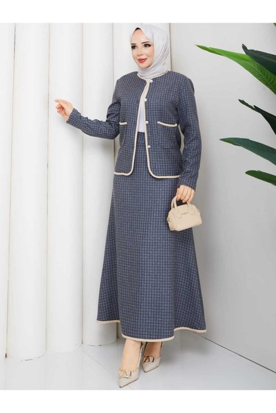 NURSİDA Women's Tweed Buttoned Jacket Skirt Two-Piece Set