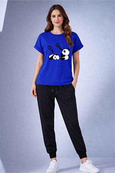 x-compass life Panda Printed Oversize T-Shirt Tracksuit Set