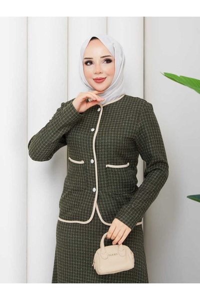 NURSİDA Women's Tweed Buttoned Jacket Skirt Two-Piece Set