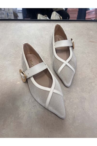 diclepolat Women's Beige Velvet Ballerina Flats with Pointed Toe and Buckle C...