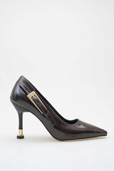 BİR-SEN SHOES Lyra Brown Patent Leather Heels with Gold Buckle Stiletto 9 cm