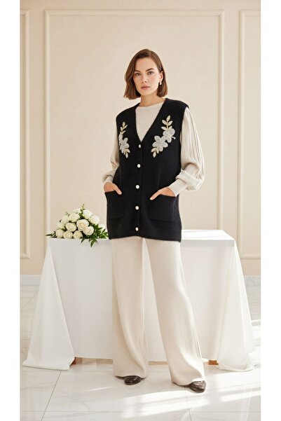 larocci Women's Pearl Button Embroidered Sleeveless Vest