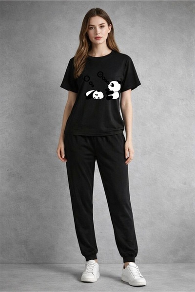 x-compass life Panda Printed Oversize T-Shirt Tracksuit Set