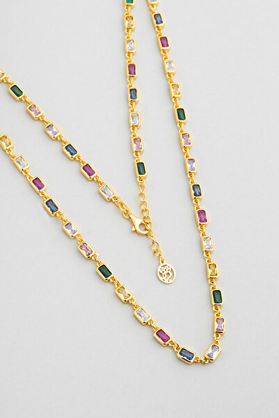 So CHIC... Renkli Aura 18 Ayar Sarı Altın Kaplama 53 Cm Gümüş Kolye