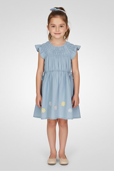 NANETTE LEPORE Kids Girl 2 Pieces Embroidered With Scrunchies Denim Dress, Blue