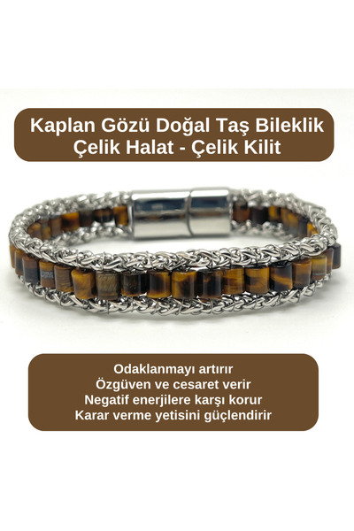 YILDIZ DOĞAL TAŞ Certified Tiger's Eye Natural Stone Bracelet Steel Rope Stee...