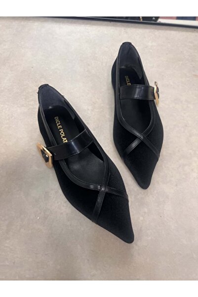diclepolat Women's Black Velvet Ballerina Flats with Pointed Toe and Buckle C...
