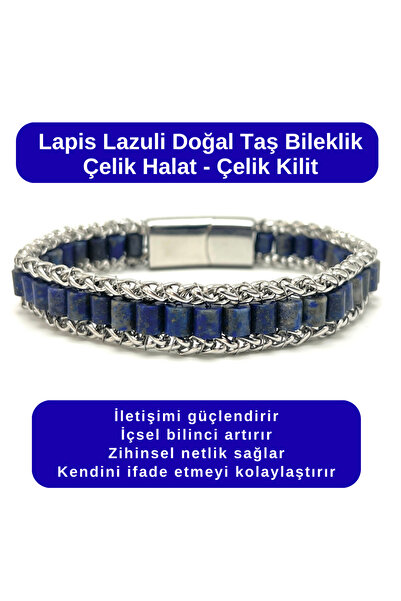 YILDIZ DOĞAL TAŞ Certified Lapis Lazuli Natural Stone Bracelet Steel Rope Ste...