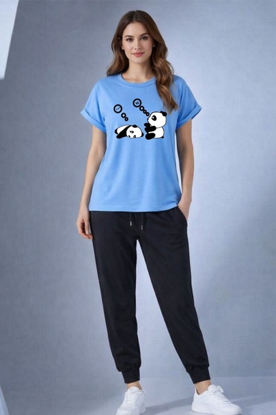 x-compass life Panda Printed Oversize T-Shirt Tracksuit Set