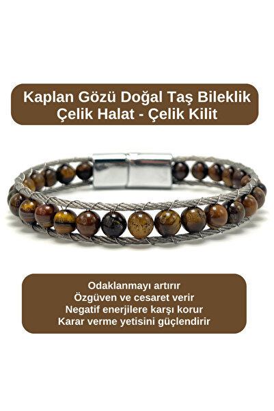 YILDIZ DOĞAL TAŞ Certified Tiger's Eye 6mm Natural Stone Bracelet Steel Wire ...