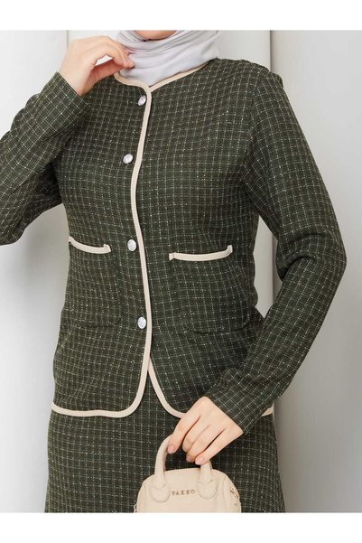 NURSİDA Women's Tweed Buttoned Jacket Skirt Two-Piece Set
