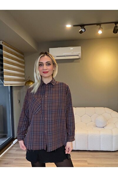 SEVA TEKSTİL Women's Brown Plaid Shirt 100% Cotton