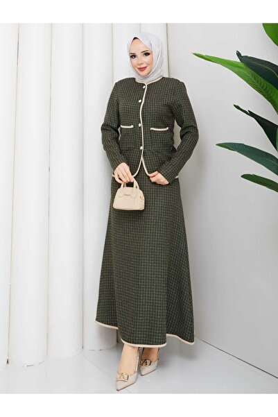 NURSİDA Women's Tweed Buttoned Jacket Skirt Two-Piece Set