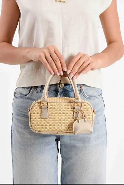 ÖZÜM TAKI Women's Straw Hand and Shoulder Bag Tan
