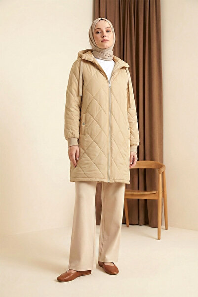 MODAQU Hooded Zippered Lined Quilted Coat - Beige