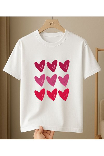 VİVA LORA Hearts Printed Cotton Oversize Women's T-Shirt