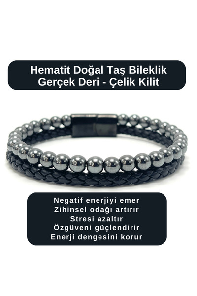 YILDIZ DOĞAL TAŞ Certified Hematite Natural Stone Bracelet Real Leather Steel...