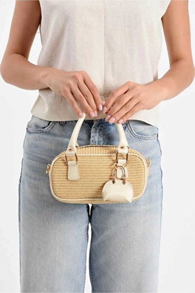 ÖZÜM TAKI Women's Straw Hand and Shoulder Bag Cream