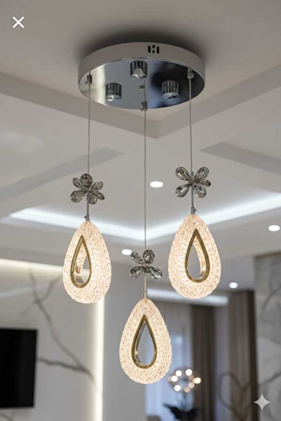 Bohem Aydınlatma Krom Damla Model 3'Lü Sarkıt 3 Renk LED Modern Avize (Beyaz ...