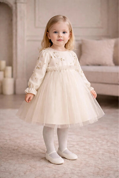 Minizade Girl's Long Sleeve Embroidery Detailed Wedding Special Occasion Birt...