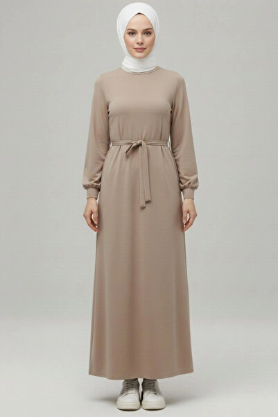 MetuCA Women's Beige Crew Neck Balloon Sleeve Belted Flared Modal Dress