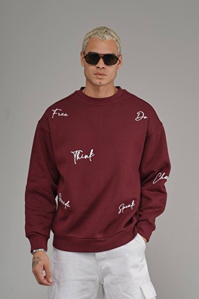 aura7 collection Men's Clothing Think Text Embroidered Burgundy Oversize Swea...