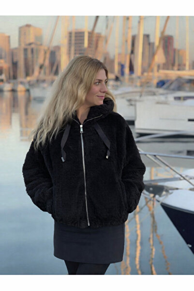 Benedetto Plush Black Coat, Jacket, Extra Soft, Hooded