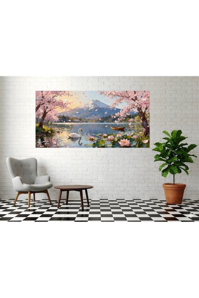 VeliumCraft Tablou Canvas Peisaj in japonia 2, cu lac, munte, sakura 150x70 cm, sasiu de lemn