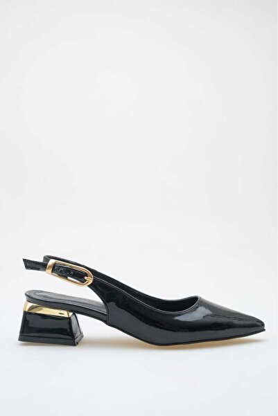 BİR-SEN SHOES Noir Siyah Rugan Arkası Açık Galvaniz Alçak Topuk 4 cm