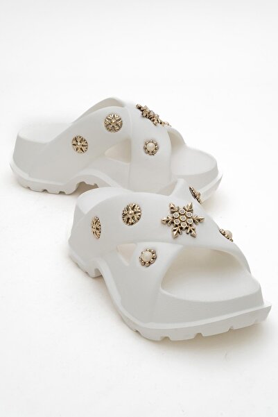 CCWAY AYAKKABI Дамски пантофи с кръстосани ремъци, екрю