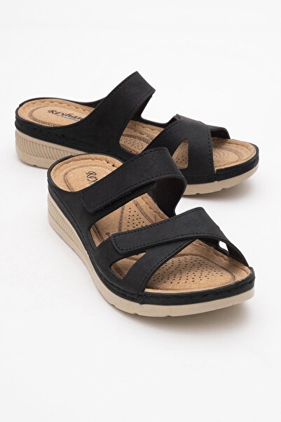 CCWAY AYAKKABI Γυναικείες Παντόφλες Velcro ΜΑΥΡΟ