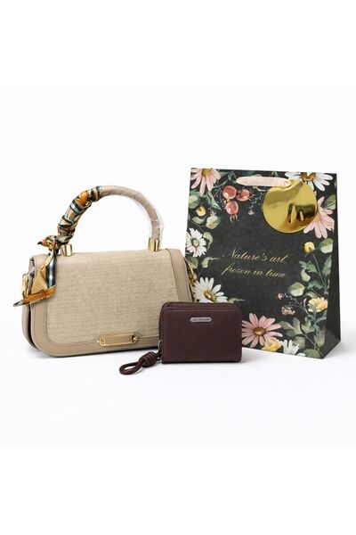 OEM Set cadou elegant pentru femei – geantă bej cu eșarfă + portofel maro + p...