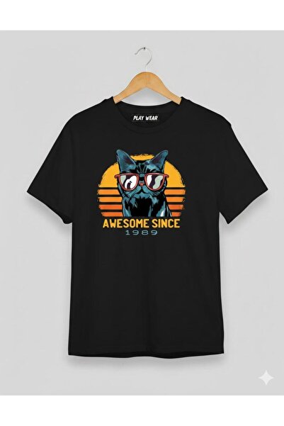 playwear تيشيرت مطبوع بتصميم قطة مع نظارات من PLAY WEAR للجنسين قصة فضفاضة Ka...