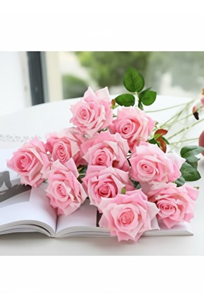 NET MARKET Yapay Kadife Gül 10 Adet Pembe 50 Cm – Yapay Çiçek Dekor, Masa Süsü,