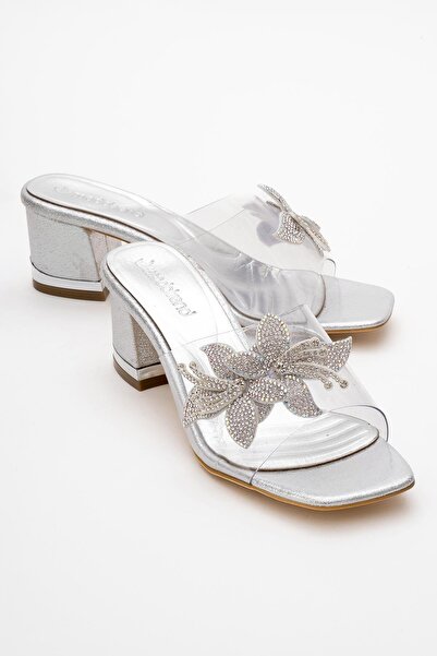 CCWAY AYAKKABI Women's Stoned Floral Transparent Heeled Slippers Silver