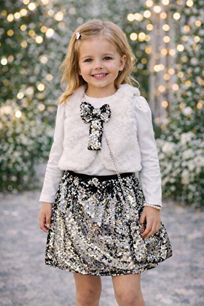 kahkaha kids Κοριτσίστικο σετ με παγιέτες, φούστα και γούνινο γιλέκο, βραδινό...