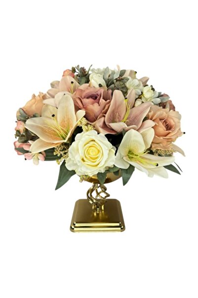 Nettenevime ترتيب زهور صناعية بلون ذهبي مع مزهرية معدنية ملتوية، زهرة الخطوبة...