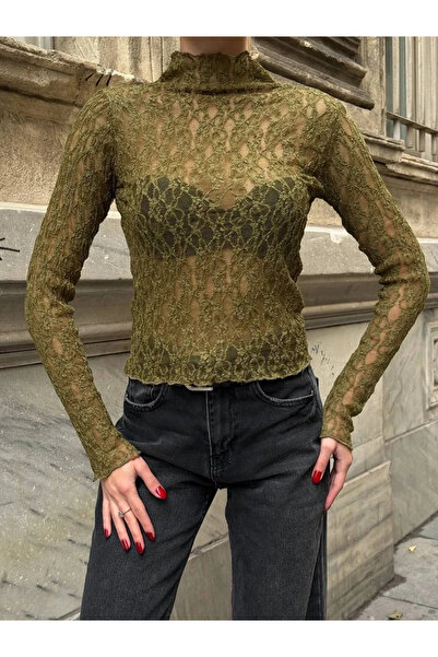 bysoca Women's Khaki Half Turtleneck Long Sleeve Body-Hugging Transparent Lac...