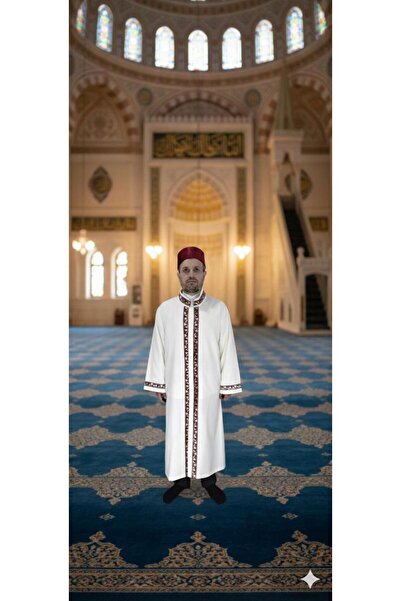 koçaktoptan Imam's Robe with a Judge's Collar, White and Burgundy with Borders.