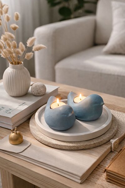 BUBUHOMEDECOR Kuş Figürlü Mumluk 2’li Tabaklı Set Mavi Renk