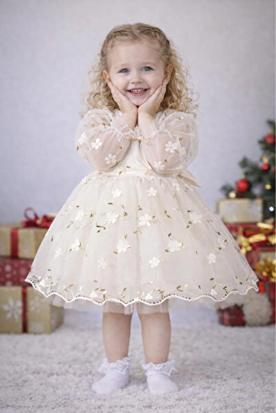 Minizade Rochie de aniversare pentru fetiță, cu mâneci lungi, cu flori 3D, cu...